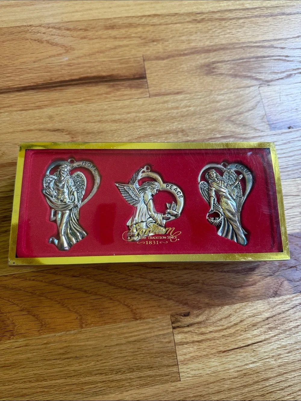 Gorham Silver Plated Angel Ornaments Hope Peace Love holiday Christmas decor